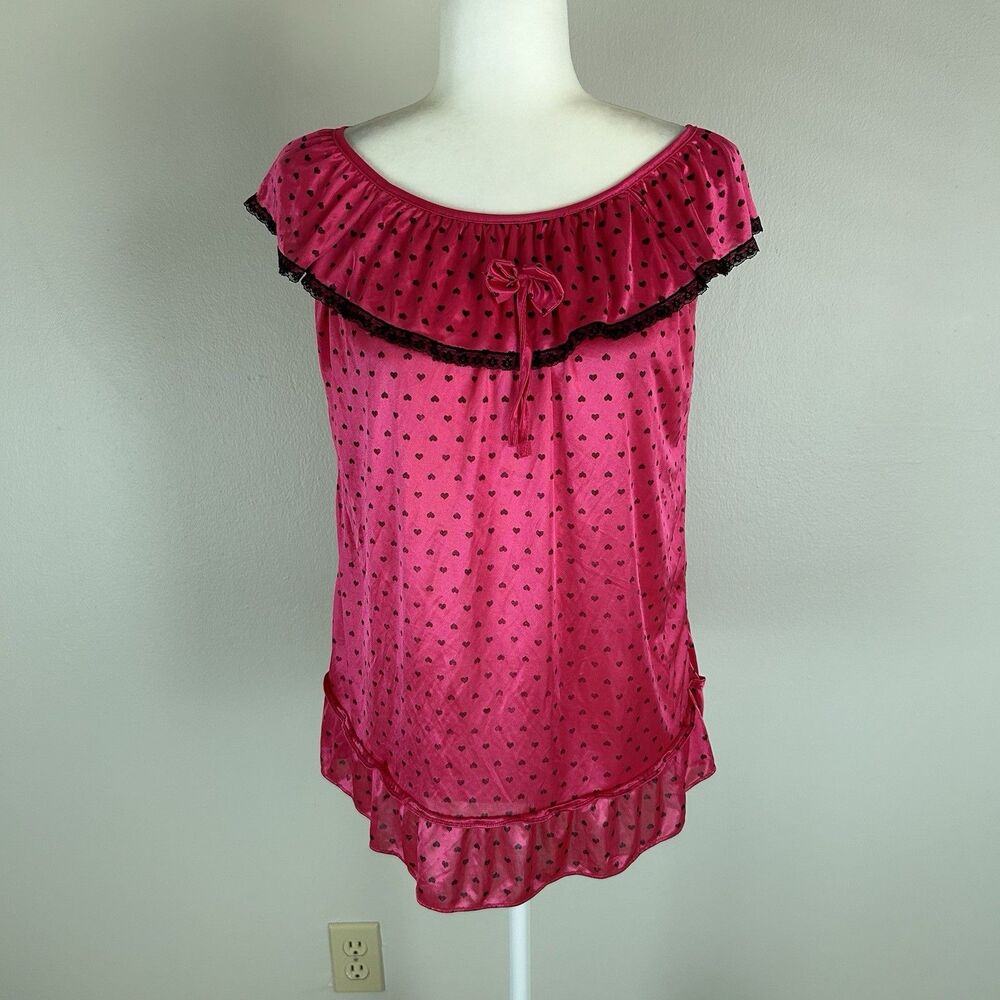 Y2K Polka Dot Babydoll Fuchsia Pink Bow Top M Pajama Ruffle Lace Pinup Retro